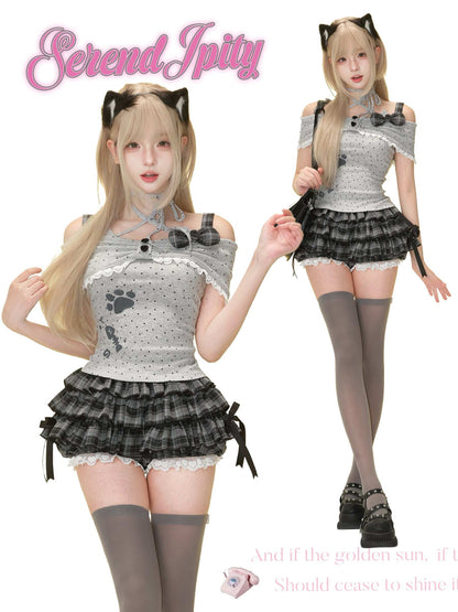 comfy loungewear set with kitty print cami and plaid bottoms