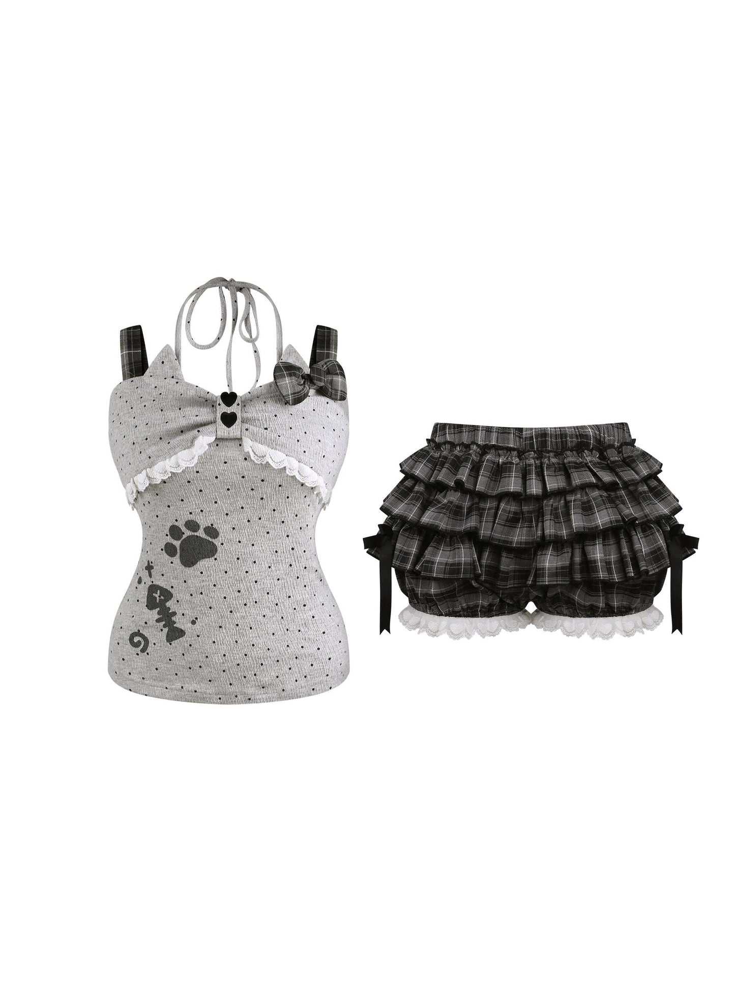 close-up of cat-themed gray cami next to black plaid bloomers