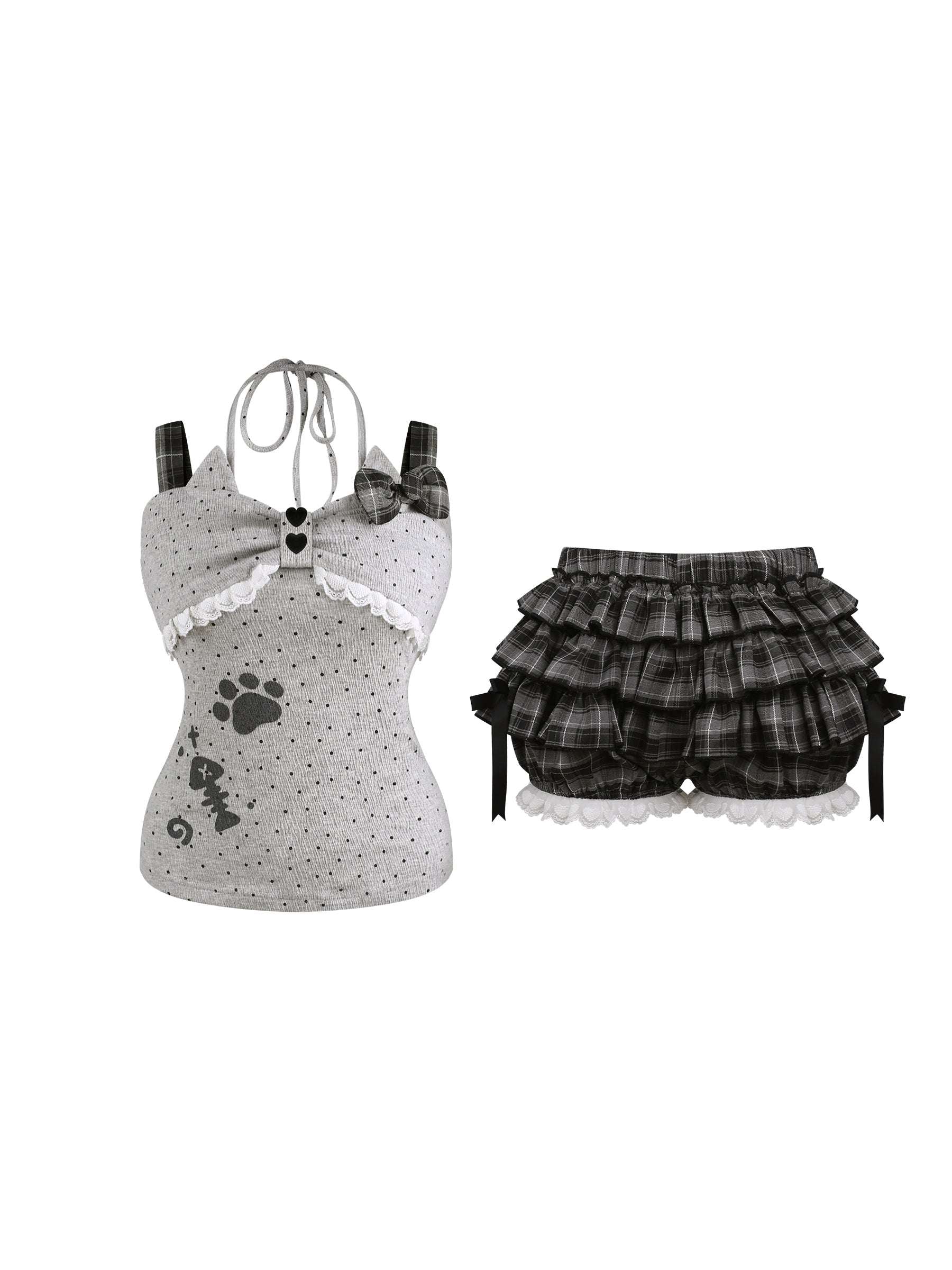 close-up of cat-themed gray cami next to black plaid bloomers
