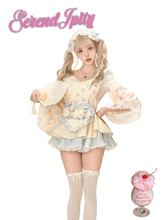 cream hanfu kimono top with rabbit and balloon print and blue-edged skirt