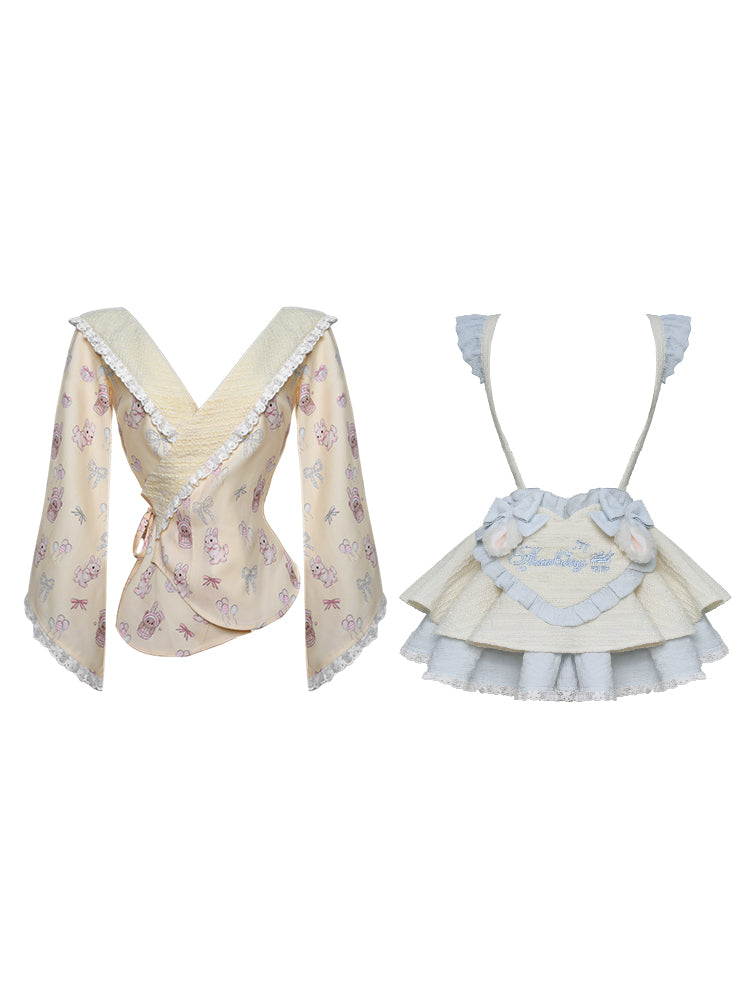 close-up of rabbit-patterned cream kimono top fabric