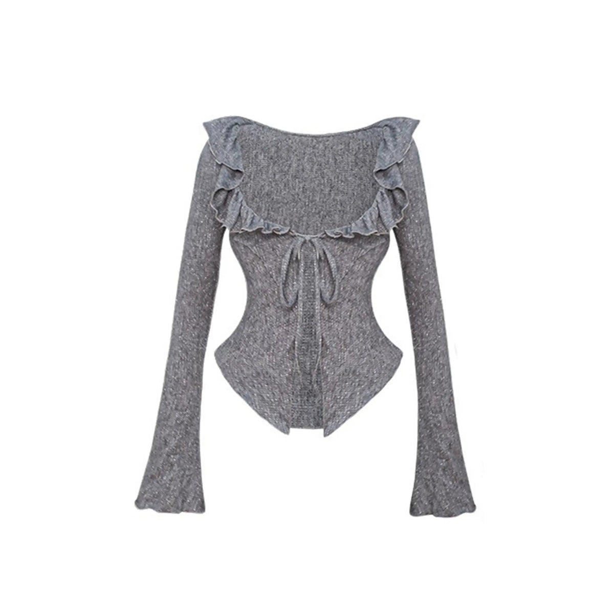 A gray long-sleeve knit top with ruffled shoulder details, a scoop neckline, and a front tie, shown against a plain white background.