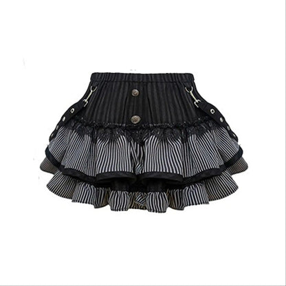Black and white striped ruffled skirt with a buttoned front and side grommet details, shown against a plain white background.