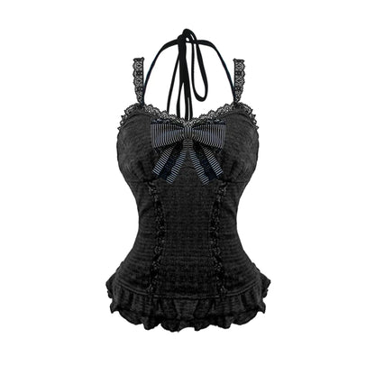 A black lace and textured halter top with a striped bow at the neckline, displayed on a solid white background.