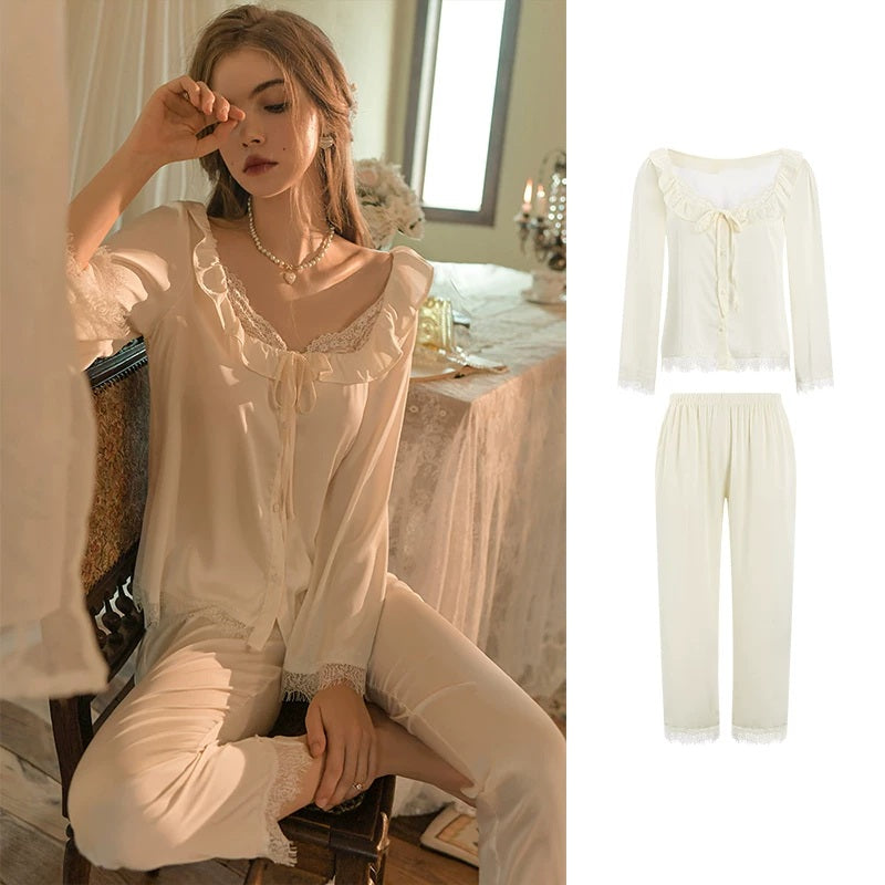 A woman models a cream-colored two-piece pajama set consisting of a long-sleeve lace-trimmed top and matching pants, shown in a split layout with a product-only flat lay view on the right.
