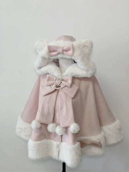 Pink coat with white fur trim and bows on a mannequin against a light gray background