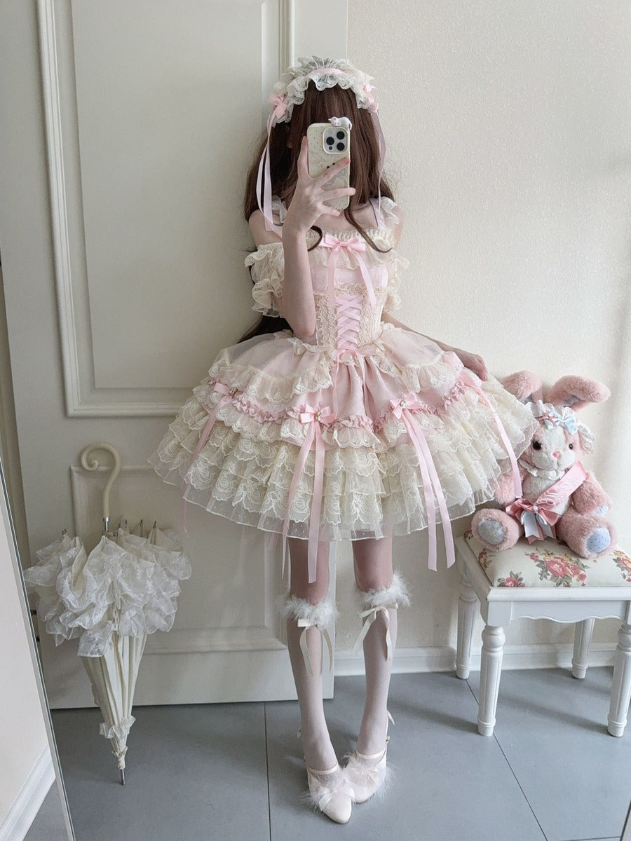 pink and cream lace dress Rustic Rose Lace Up Corset Midi Dress (Pink/Cream) S