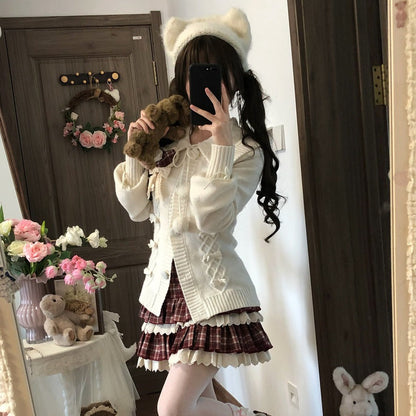 Sweet Dream White Christmas Cardigan Plaid Skirt Two Piece Set