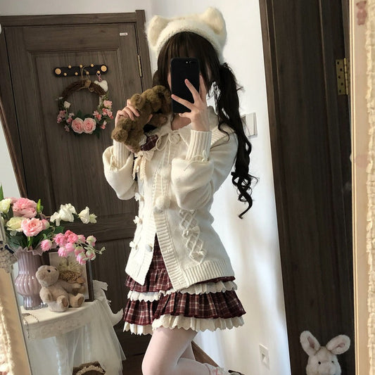 Sweet Dream White Christmas Cardigan Plaid Skirt Two Piece Set