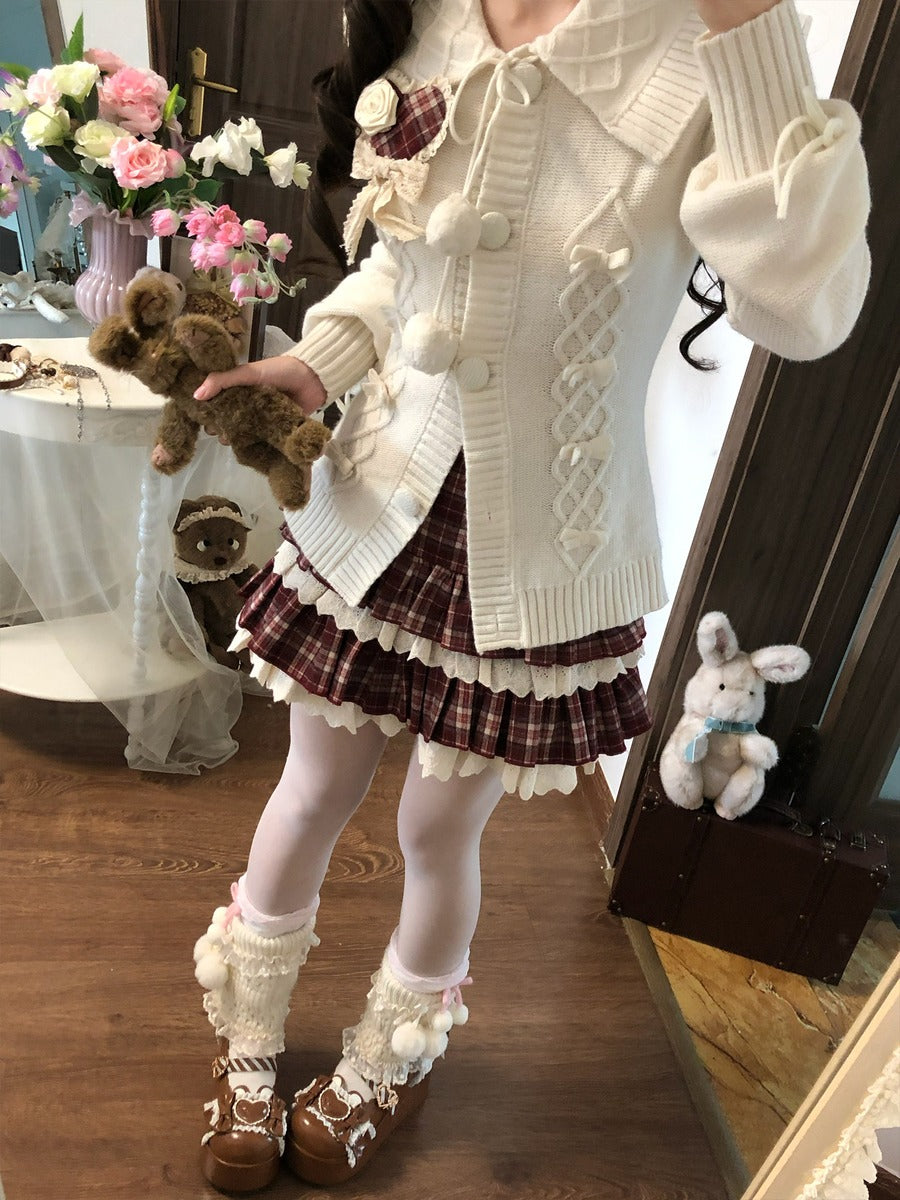 Sweet Dream White Christmas Cardigan Plaid Skirt Two Piece Set