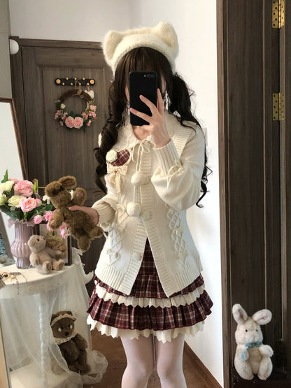 Sweet Dream White Christmas Cardigan Plaid Skirt Two Piece Set