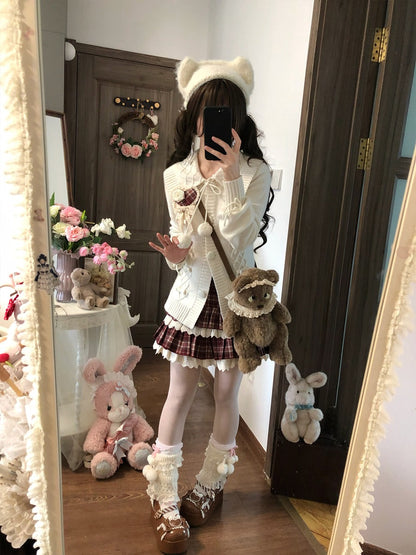 Sweet Dream White Christmas Cardigan Plaid Skirt Two Piece Set