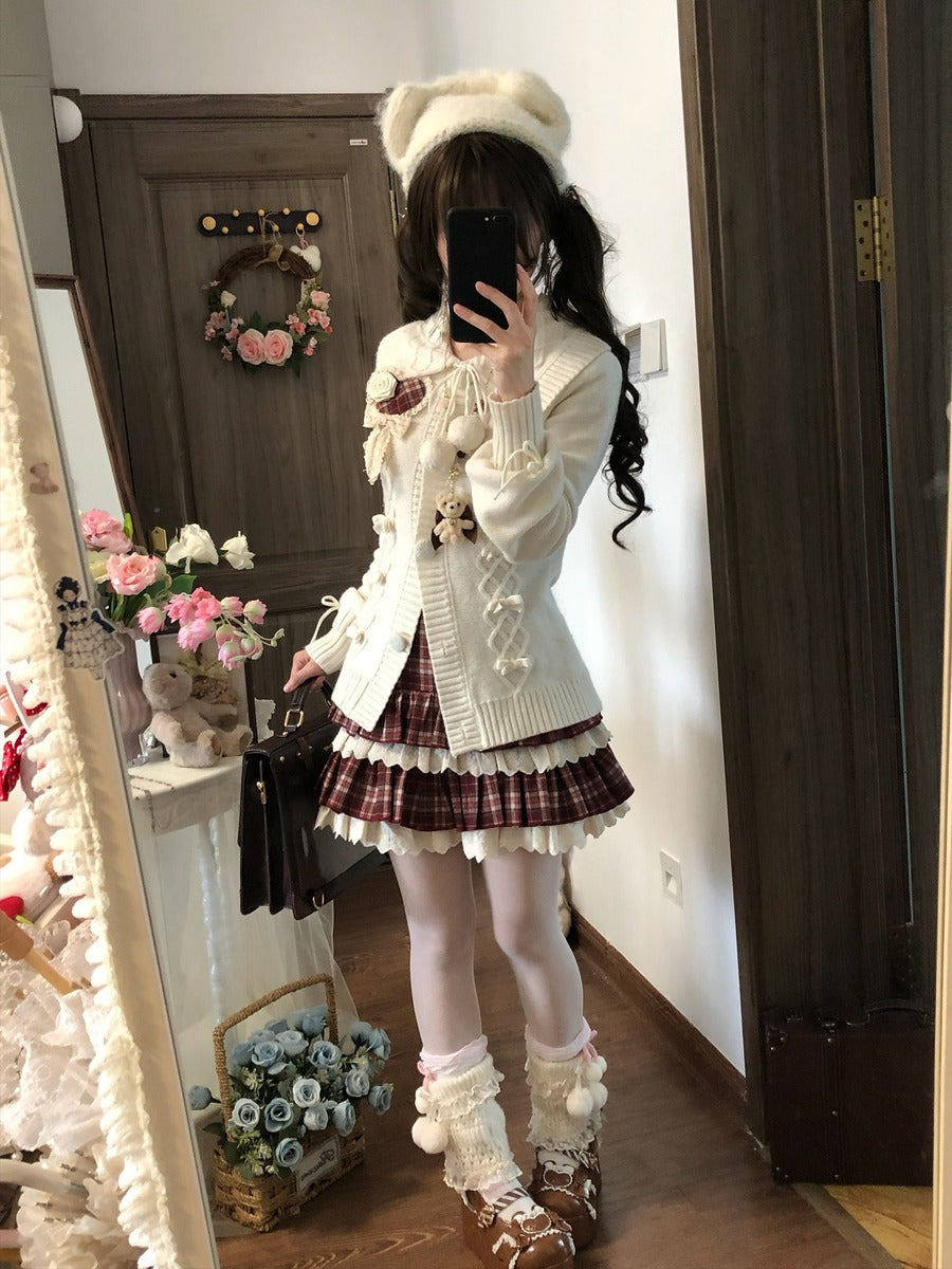 Sweet Dream White Christmas Cardigan Plaid Skirt Two Piece Set