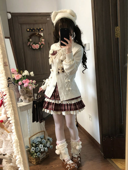 Sweet Dream White Christmas Cardigan Plaid Skirt Two Piece Set