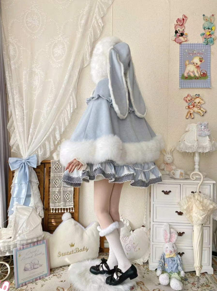 Thousand Autumns Lop Rabbit Ears Pink Cream Blue Hooded Cape Cloak