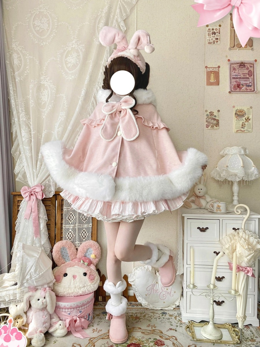 Thousand Autumns Lop Rabbit Ears Pink Cream Blue Hooded Cape Cloak