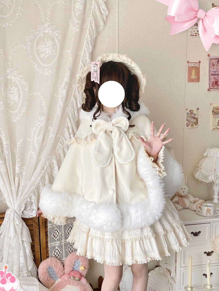 Thousand Autumns Lop Rabbit Ears Pink Cream Blue Hooded Cape Cloak