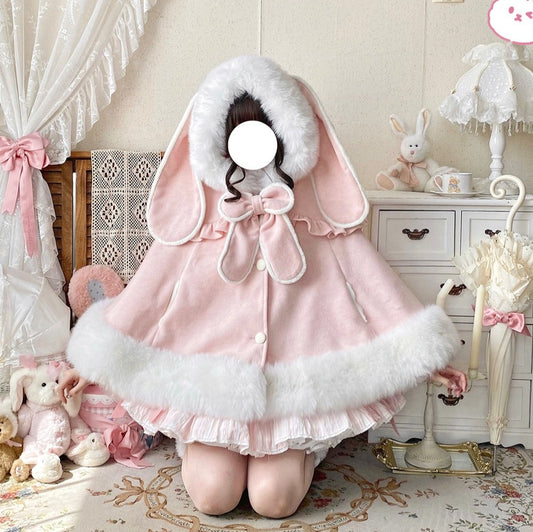 Thousand Autumns Lop Rabbit Ears Pink Cream Blue Hooded Cape Cloak