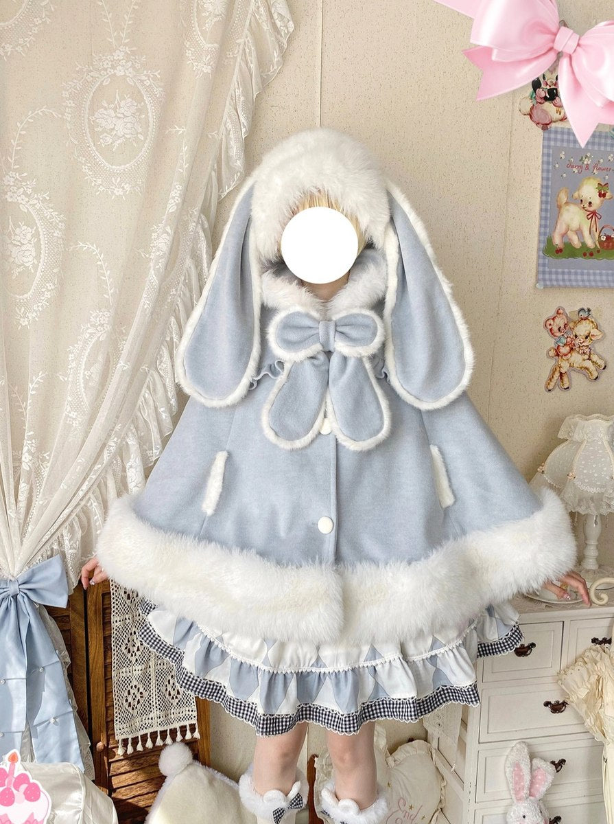 Thousand Autumns Lop Rabbit Ears Pink Cream Blue Hooded Cape Cloak