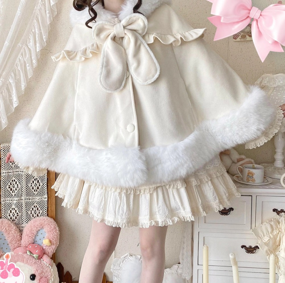 Thousand Autumns Lop Rabbit Ears Pink Cream Blue Hooded Cape Cloak