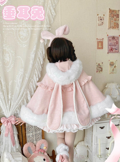 Thousand Autumns Lop Rabbit Ears Pink Cream Blue Hooded Cape Cloak