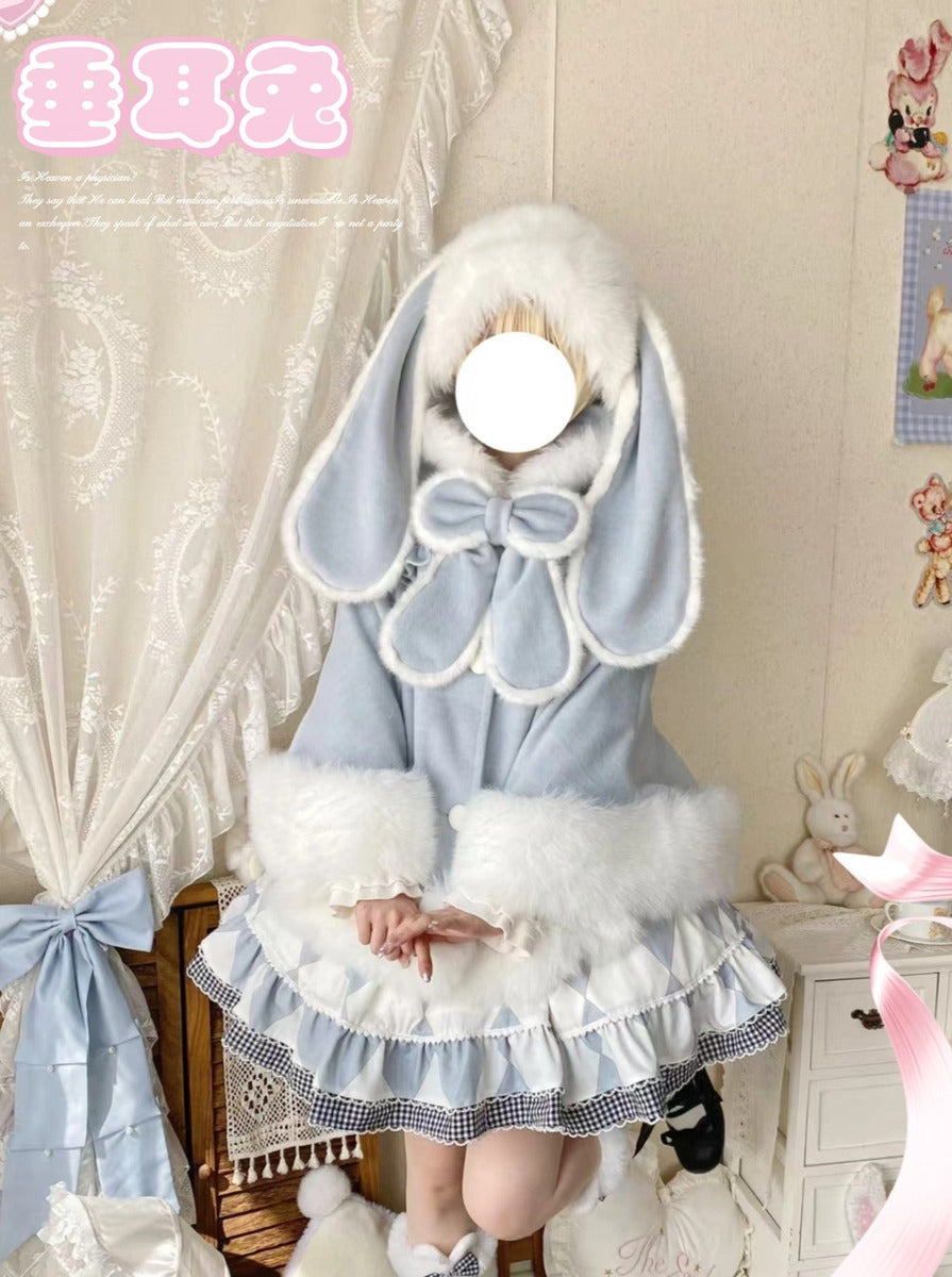 Thousand Autumns Lop Rabbit Ears Pink Cream Blue Hooded Cape Cloak