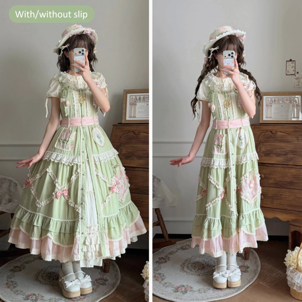 Side-by-side comparison of a person wearing a green and pink dress with and without slip in a room.