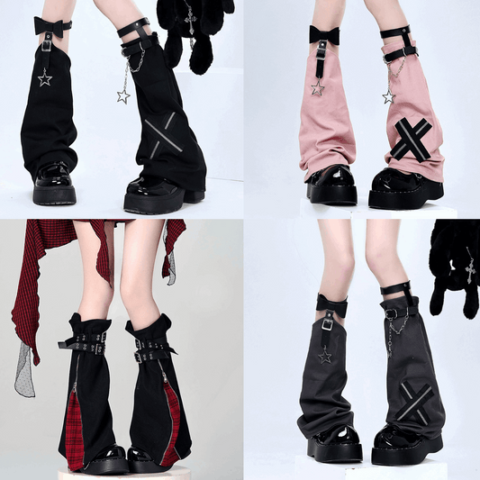 Collage of four images showing different styles of black knee-high boots with buckles and star designs.