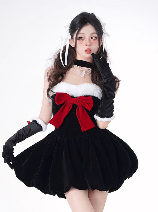 Young Eyes Winter Red Bow Fur Halter Neck Strapless Little Black Dress - Sugarplum Store