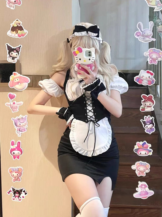 Serendipity Sexy Lace Corset Black White Cosplay Maid Dress - Sugarplum Store