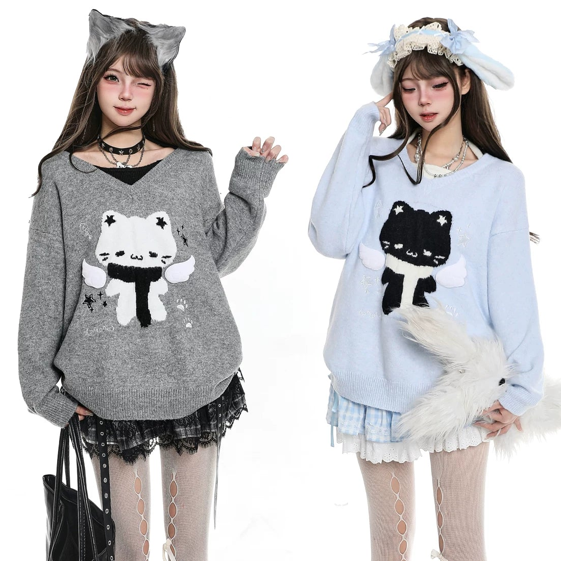 Two women wearing sweaters with cat designs on a white background