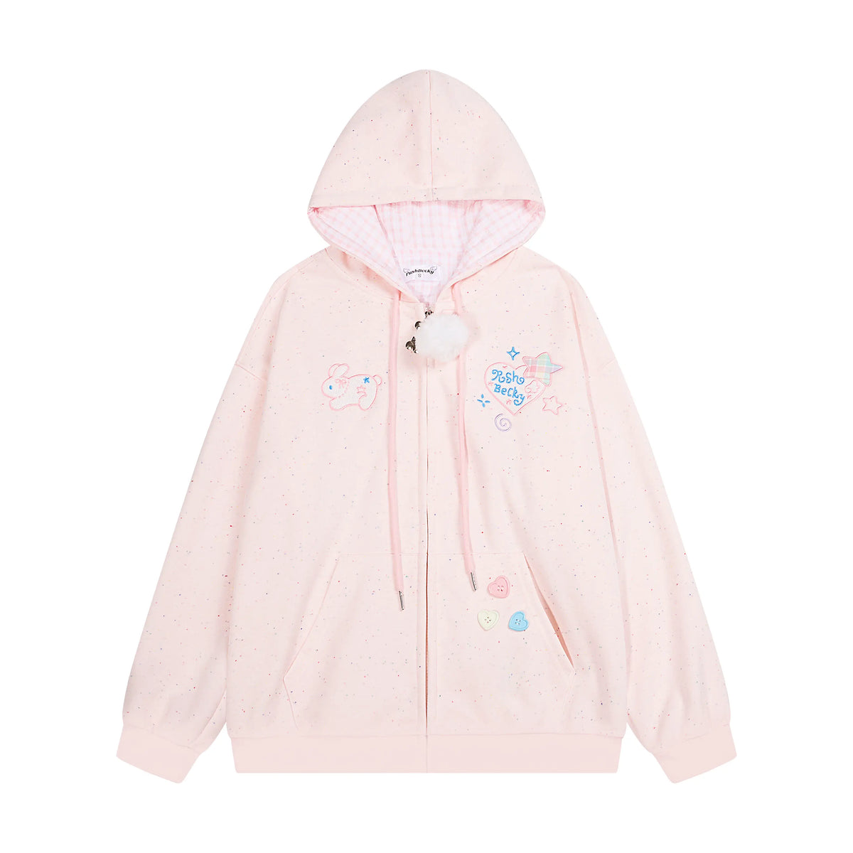A light pink zip-up hoodie with a hood, featuring pastel embroidered designs including a unicorn, a starry sky motif, and small heart accents. The hoodie has a front zipper, drawstrings, and a white pom-pom charm.
