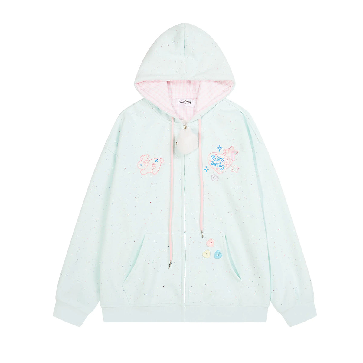 A pastel mint green zip-up hoodie with a pink inner hood lining, pink drawstrings, and cute cartoon bunny and unicorn graphics on the chest, displayed against a solid white background.