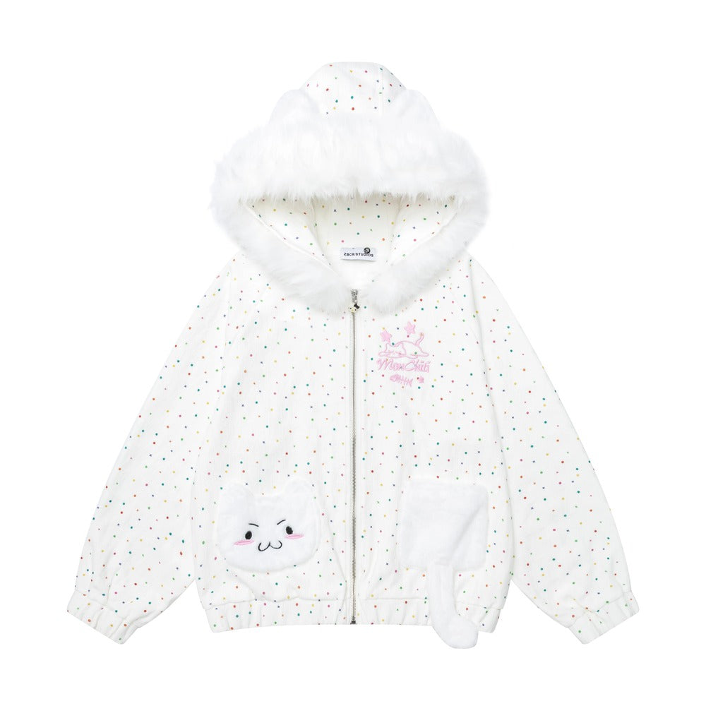 A white hooded zip-up jacket with a fluffy faux-fur trim, covered in tiny multicolored polka dots. It features a cute embroidered cloud patch on the left pocket with a smiling face, a pink embroidered cloud patch on the right chest, and a matching white cloud applique sewn onto the right sleeve.