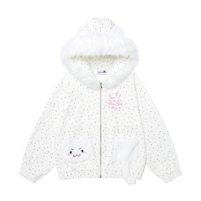 A white hooded zip-up jacket with a fluffy faux-fur trim, covered in tiny multicolored polka dots. It features a cute embroidered cloud patch on the left pocket with a smiling face, a pink embroidered cloud patch on the right chest, and a matching white cloud applique sewn onto the right sleeve.