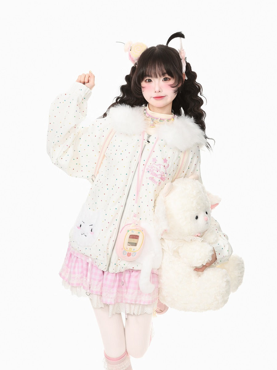 A young girl with dark curly hair wearing a cute Lolita-style outfit, featuring a cream-colored dotted jacket with white faux fur trim, a pink and white checkered skirt, and holding a fluffy white plush toy.