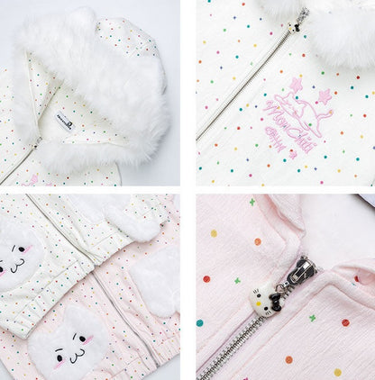 A four-panel collage showing close-up views of a children's zip-up jacket with white faux-fur trim, pastel pink and white fabrics, multicolored polka dots, embroidered details, and cute face patches.