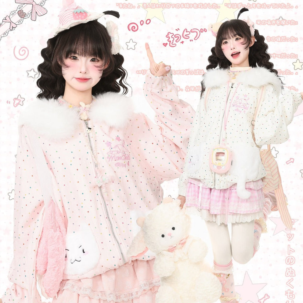 Two young women modeling cute pastel Lolita-style outfits in a heavily decorated pink graphic collage. The outfits feature fluffy faux-fur trim, pink and white colors, and include accessories like teddy bears and bunny headbands.