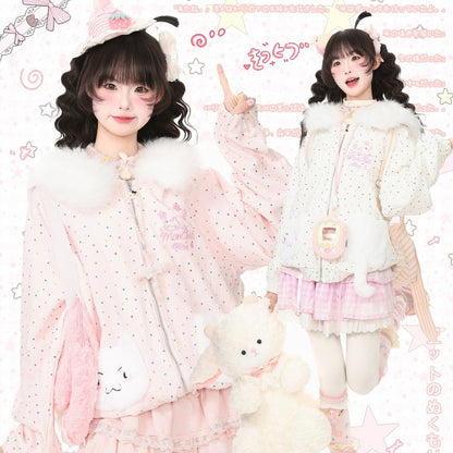 Two young women modeling cute pastel Lolita-style outfits in a heavily decorated pink graphic collage. The outfits feature fluffy faux-fur trim, pink and white colors, and include accessories like teddy bears and bunny headbands.