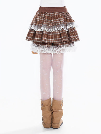 Young Eyes Chocolate Brown Plaid Lace Trimmed Mini Skirt