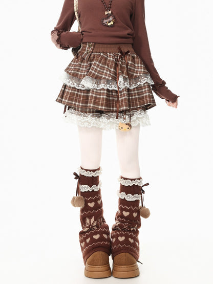 Young Eyes Chocolate Brown Plaid Lace Trimmed Mini Skirt