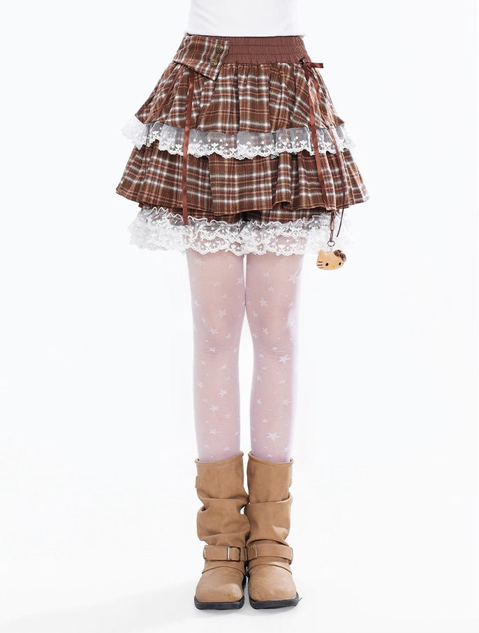 Young Eyes Chocolate Brown Plaid Lace Trimmed Mini Skirt