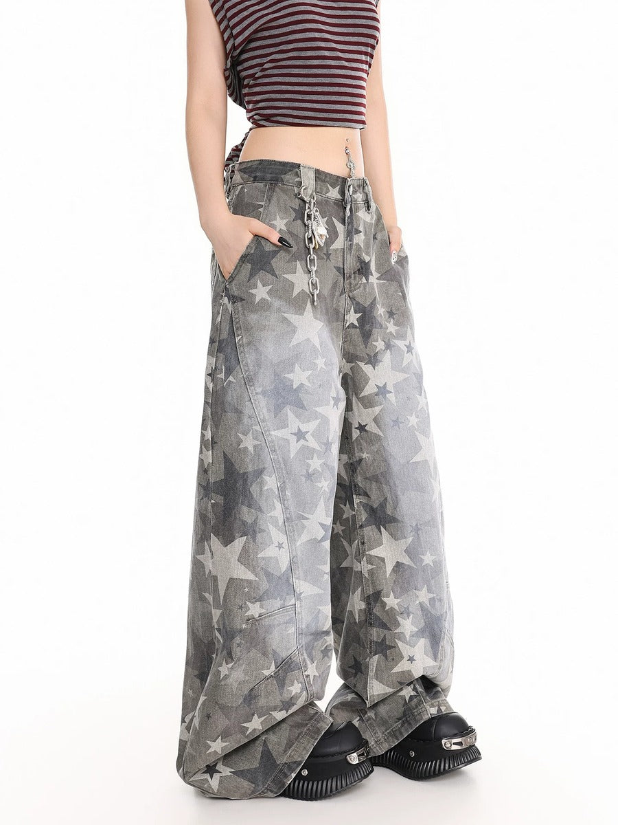 Young Eyes Five Point Star Distressed Gray Baggy Jeans