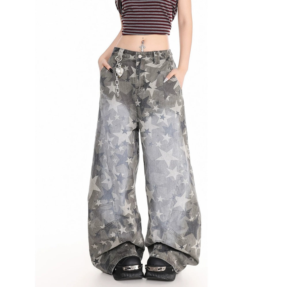 Young Eyes Five Point Star Distressed Gray Baggy Jeans