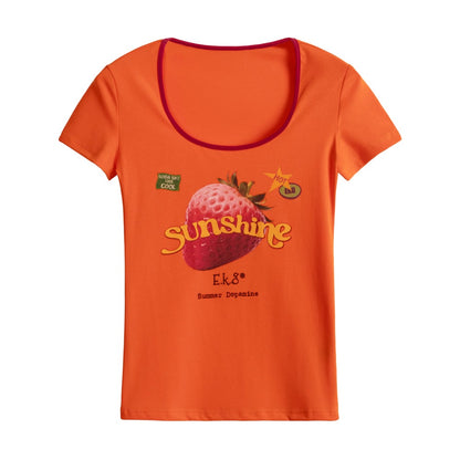 Orange t-shirt with a strawberry graphic and 'sunshine' text on a white background