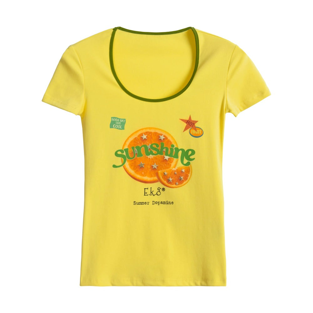 Yellow t-shirt with 'sunshine' graphic design on a white background