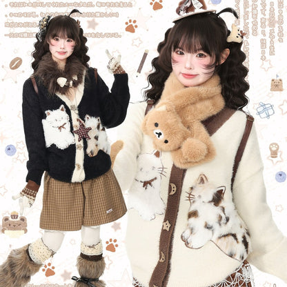 A fashion collage showing a model in two styled outfits with a cozy cat-themed aesthetic. The outfits feature faux fur cardigans with cat prints, brown plaid skirts, fluffy faux fur scarves, and matching faux fur boot covers, set against a decorated cream background with paw prints and Japanese text.
