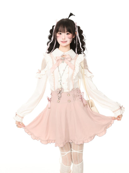 Young Eyes Jirai Kei Pink Skirt White Blouse Two Piece Set