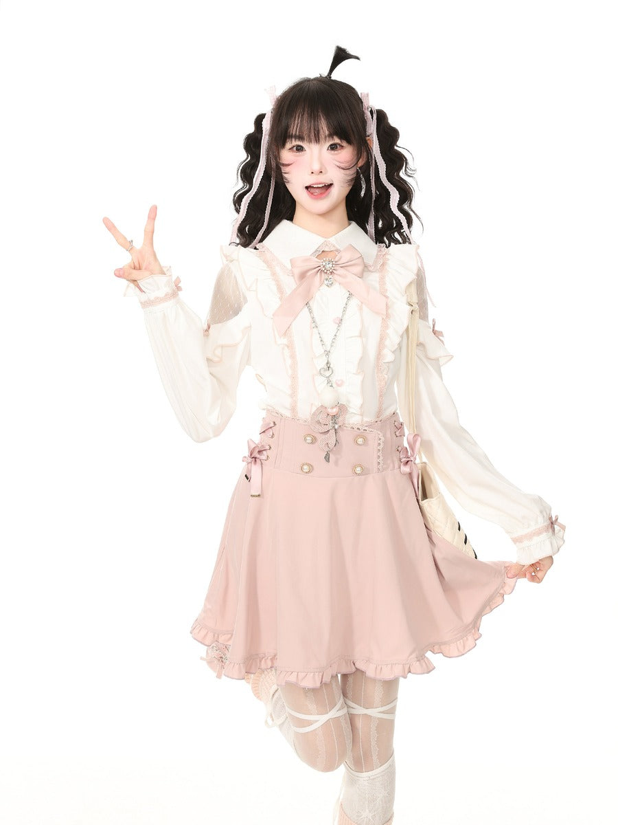 Young Eyes Jirai Kei Pink Skirt White Blouse Two Piece Set