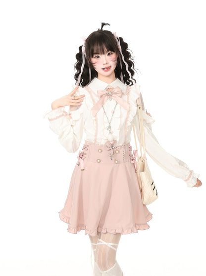 Young Eyes Jirai Kei Pink Skirt White Blouse Two Piece Set